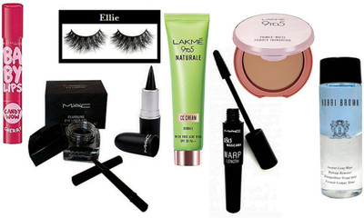 

Ellie Eyelashes, Mac Stick Kajal, Fluidline Eye Liner Gel, 180 Warp Lenght Upward lash Mascara, Lakme 9to5 Naturale Cc Cream, 9to5 Primer Matte Powder Foundation, Maybelline Candy Wow Cherry Lipbalm, Bobbi Brown Long Wear Instant Makeup Remover(Set of 8)