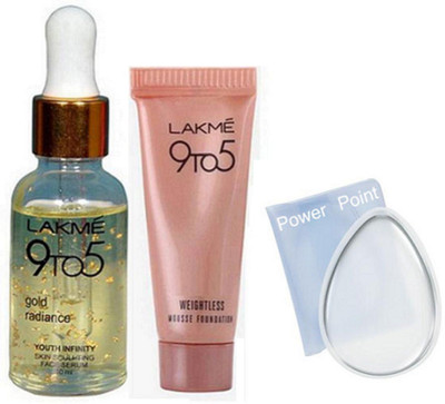 

POWER POINT Silicon Puff & Lakm 9 to 5 Mousse Cream & Gold Radiance Face Serum(Set of 3)