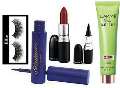 

Ellie Eyelashes, Mac Padma Eyeliner, Matte Finish Lipstick, Stick Kajal, Lakme 9to5 Naturale Cc Cream(Set of 5)