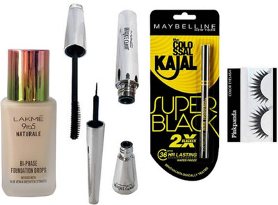 Pinkpanda Eyelashes, Mac Brooke Candy Liquid Eyeliner And Mascara, New York Colossal Kajal, Super Black, 0.35g, Lakme 9to5 Naturale Foundation(Set of 5)