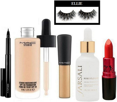 

ellie Eyelashes, Mac Studio Waterweight Foundation & Mineralize Concealer & Farsali Face Serum & Lady Gaga LIpstick & Pen Eyeliner(Set of 6)