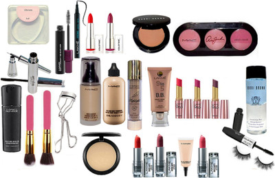 

Ultimate silicon puff, Mac match master & Face and body foundation, 3 shade bllusher, prep+prime highlighter, moisture infusion serum, Brooke candy eyeliner and mascara, haute and naughty mascara, studio fix compact, select cover up concealer, lakme enric