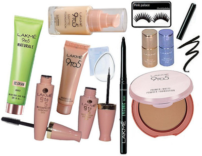 

pink palace Eyelashes, Silicon Puff, Lakme 9to5 naturale Cc cream, matte foundation weightless mousse foundation, eyeliner, mascara, primer + matte powder foundation, mirror nail paints pack of 2, eyeconic pen eyeliner(Set of 11)