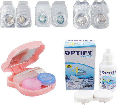 Optify Combo Pack Monthly Color Contact Lens With Travel Kit Monthly Contact Lens(1, Grey-Aqua-Grey, Pack of 3)