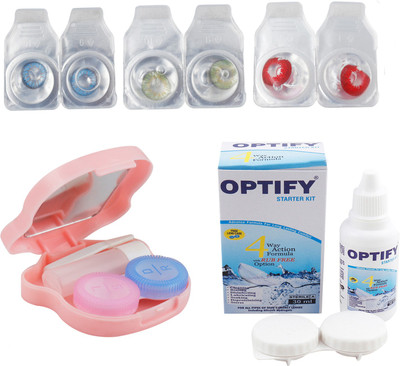 

Optify Combo Pack Monthly Color Contact Lens With Travel Kit Monthly Contact Lens(1, Blue-Green-Red, Pack of 3)