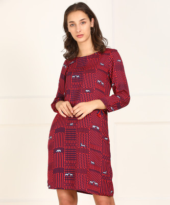 GLOBAL DESI Women Shift Dark Blue, Pink Dress