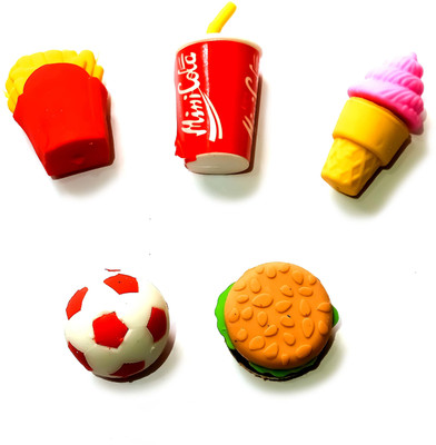 

ShopTop 3D funky stationary erasers with shapes of fast food burger/Cola/ice cream/French fry and football for kids Non-Toxic Eraser(Set of 5, Multicolor)