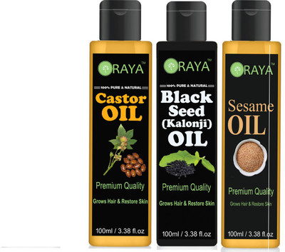 

ORAYA 100% Organic Castor Oil And Blackseed ( Kalonji), & Sesame Oil For Hair Growth And Glow Skin-(100ml)-Pack of-3-Bottle(300ml) Combo Hair Oil(300 ml)