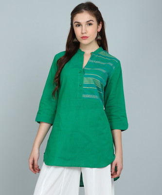 fabindia-women-striped-high-low-kurtagreen