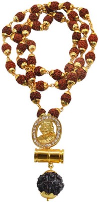 Sullery Religious Jewelry Cubic Zironium Lord Shirdi Sai Baba Locket With Golden Cap Panchmukhi Rudhrasha Mala Gold-plated Brass, Wood, Crystal Pendant Set