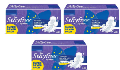 Stayfree Dry Max All Nights 42+42+42 Sanitary Pad Sanitary Pad(Pack of 3)