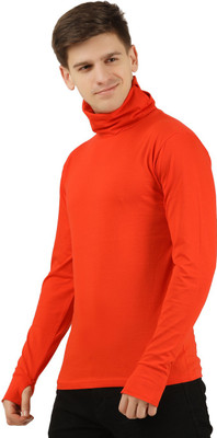 Tees Park Solid Men Turtle Neck Orange T-Shirt
