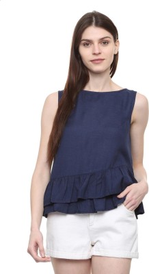 PEOPLE Casual Sleeveless Solid Women Dark Blue Top