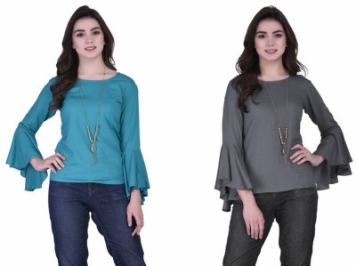 VAANYA Casual Bell Sleeve Solid Women Light Blue, Grey Top