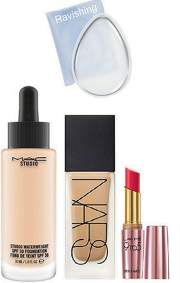 

ravishing silicone puff, MAC STUDIO WATER WEIGHT & NARS FOUNDATION & LAKME 9 TO 5 LIPSTICK(Set of 4)