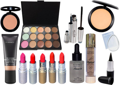 

importedd silicon puff, Mac pro long wear foundation, 15 shade concealer palette, prep+prime highlighter, primer oil, brooke candy eyeliner and mascara, studio fix compact, star trik blusher, mariah carey lipstick pack of 5 with stick kajal(Set of 15)