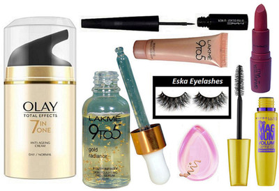 

eska Eyelashes,Lakme 9to5 Gold radiance serum,9 To 5 Mossue Foundation,Mac Giambattista valli Matte FInish Lipstick,Olay Total Effects 7 In One Anti-Ageing Cream,the mag num mascara,Liquid Eyeliner,Silicon Puff(Set of 8)