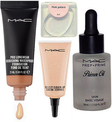 

pink palace Silicon Puff, Mac Prep+Prime Primer oil, Select Cover up Concealer, Pro Long Wear Nourishing Water proof Fond De Tent Foundation(Set of 4)