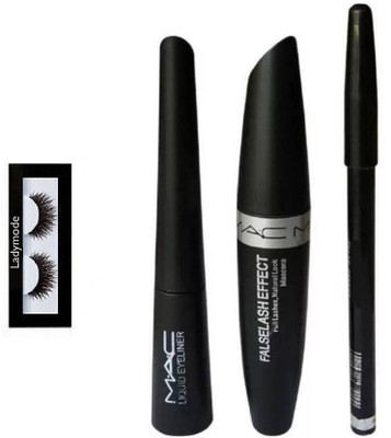 Ladymode FalseLashEffect Eye Liner & Mac Mascara & mac Eye Brow Pencil (3in1) with pair of Eye Lashes(Set of 4)