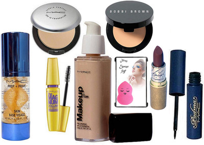 

jenney Sponge Puff & MAc Makeup Foundation & Mariahcary Lipstick & MAybelline Mascara Bobbi Brown Concealer & Mac Silver Compact & Mac Primer Skin BAse & Padma Eyeliner(Set of 8)