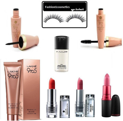 

FASHION1COSMETICS Imported combo of eyelashes, prep+prime, long lasting lipstick, lipstick,eyeliner,mascara, foundation(Set of 8)