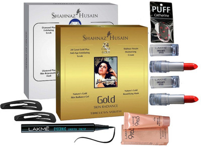

catherine Eyelashes, Lakme 9to5 Mousse Foundation, Eyeconic Eyeliner, Enrich Lipstick-2, Shahnaz Husain Gold & Diamond Facial Kit, Hair Clips(Set of 8)