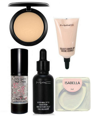 

ISABELLA silicon puff , mac Prep+Prime skin base visage pirmer,select cover up concealer ,hyper real foundation,studio fix compact(Set of 5)