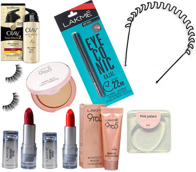 

pink palace Silicon Puff, Eyelashes, hair Band, Olay Total Effects 7 in One day Cream, Lakme 9to5 Weightless Mousse Foundation,Primer+matte Powder Fopundation, Eyeconic Kajal, Enrich Lipstick pack Of 2(Set of 9)