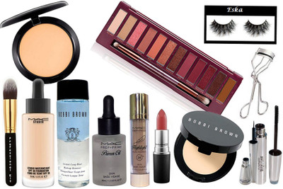 

Eska Eyelashes, Mac Prep+Prime Primer oil , Compact, Studio Water Weight Foundation, Makeup Brush, Highlighter, Brooke Candy Eyeliner +Mascara, Lipstick, Eyelashes Curler , Bobbi Brown Concealer , Urban Decay Eye shadow palette , Makeup Remover(Set of 13)