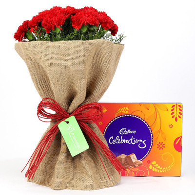 

Ferns N Petals Celebrations Box & 12 Red Carnations Bouquet Combo(550gms)