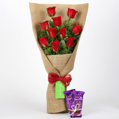 

Ferns N Petals 10 Red Roses Bouquet & Dairy Milk Silk Combo(550gms)