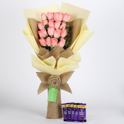 

Ferns N Petals 20 Pink Roses Bouquet & Cadbury Dairy Milk Combo(550gms)