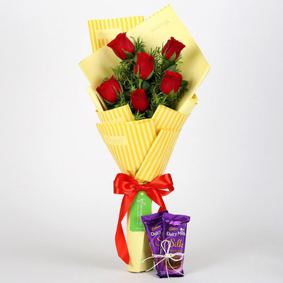 Ferns N Petals 6 Red Roses Bouquet & Dairy Milk Silk Combo(550gms)