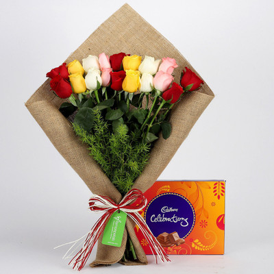 

Ferns N Petals Beautifull Multicolor Roses Bouquet with Chocolate Celebration for Birthday/Anniversary/Valentine's Gifting Combo(200gm)