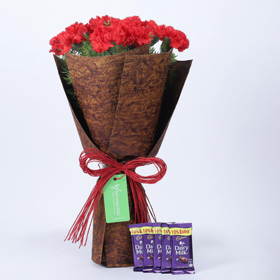 

Ferns N Petals 12 Red Carnations Bouquet & Dairy Milk Combo Combo(550gms)