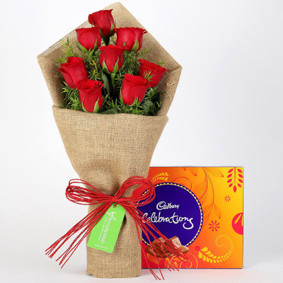 

Ferns N Petals 8 Red Roses Bouquet & Cadbury Celebrations Combo(550gms)
