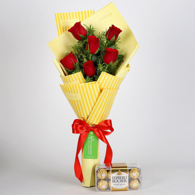 

Ferns N Petals 6 Red Roses Bouquet & Ferrero Rocher Box Combo(550gms)