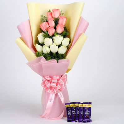 

Ferns N Petals Pink & White Roses & Dairy Milk Combo for Birthday/Anniversary/Valentine's Gifting Combo(200gm)
