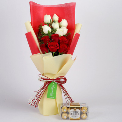 

Ferns N Petals Red & White Roses Beautifully Wrapped Bouquet with One Box Chocolate for Birthday/Anniversary/Valentine's Gifting Combo(200gm)