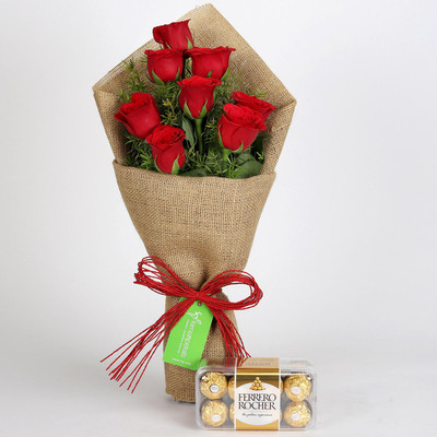 

Ferns N Petals 8 Red Roses Bouquet With Ferrero Rocher Combo(550gms)