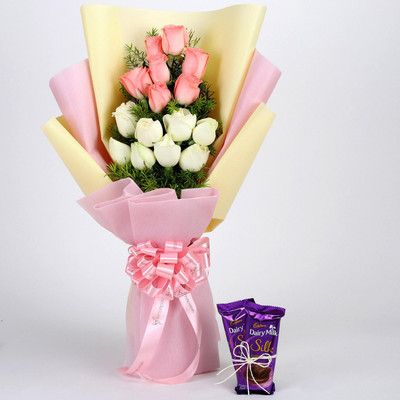

Ferns N Petals Pink & White Roses Beautifully Wrapped with Two Chocolates for Birthday/Anniversary/Valentine's Gifting Combo(200gm)