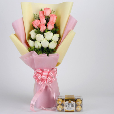 

Ferns N Petals Pink & White Roses Beautifully Wrapped with One Box Chocolate for Birthday/Anniversary/Valentine's Gifting Combo(200gm)