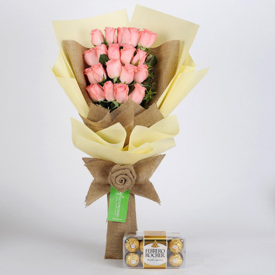

Ferns N Petals 20 Pink Roses Bouquet & Ferrero Rocher Box Combo(550gms)