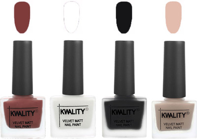 

Kwality Premium Quality Dull Velvet Matte Nail Polish Flat Brush Exclusive Combo (2201202089 ) Dark Tan,White,Black,Light Baby Nude(Pack of 4)