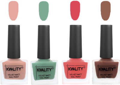 

Kwality Premium Quality Dull Velvet Matte Nail Polish Flat Brush Exclusive Combo (2201201928 ) Salmon Pink,Mischievous Mint,Baby Pink,Shock Brown(Pack of 4)