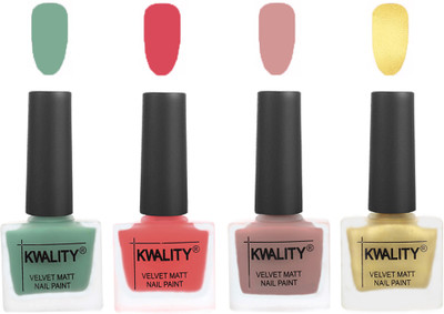 

Kwality Premium Quality Dull Velvet Matte Nail Polish Flat Brush Exclusive Combo (2201201939 ) Mischievous Mint,Baby Pink,Salmon,Golden(Pack of 4)