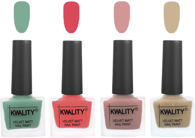 

Kwality Premium Quality Dull Velvet Matte Nail Polish Flat Brush Exclusive Combo (2201201955 ) Mischievous Mint,Baby Pink,Salmon,Nude(Pack of 4)