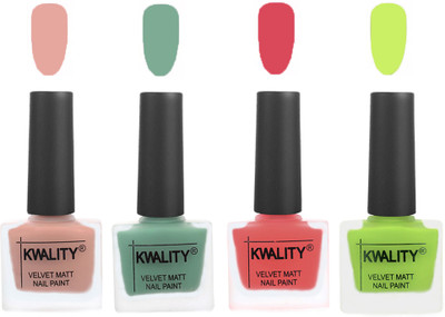 

Kwality Premium Quality Dull Velvet Matte Nail Polish Flat Brush Exclusive Combo (2201201912 ) Salmon Pink,Mischievous Mint,Baby Pink,Light Lemon Green(Pack of 4)