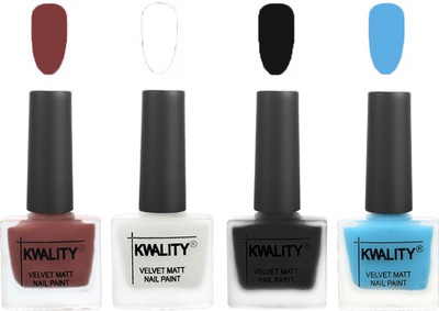 

Kwality Premium Quality Dull Velvet Matte Nail Polish Flat Brush Exclusive Combo (2201202097 ) Dark Tan,White,Black,Light Blue(Pack of 4)