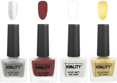 

Kwality Premium Quality Dull Velvet Matte Nail Polish Flat Brush Exclusive Combo (2201202064 ) Silver,Dark Tan,White,Golden(Pack of 4)